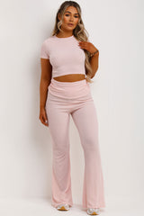 fold over ribbed skinny flared trousers and crop top co ord set 