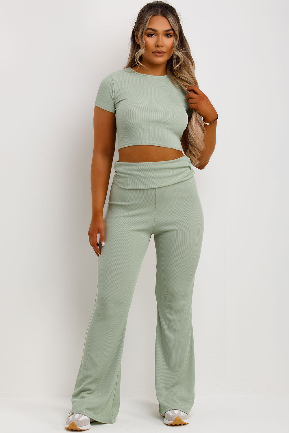 fold over ribbed skinny flared trousers and crop top co ord set