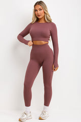 plum long sleeve crop top and high waist thick rib leggings body contouring womens active wear co ord set styledup