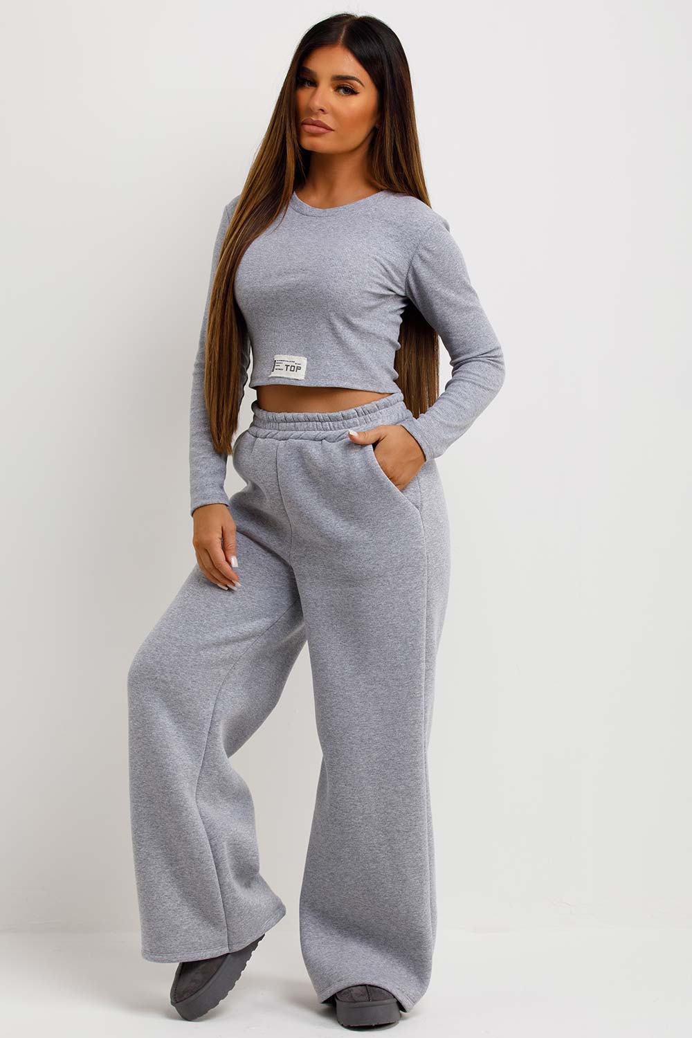 Women's Wide Leg Joggers And Ribbed Top Lounge Set Grey –