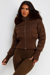 womens brown faux fur hood padded puffer jacket styledup uk