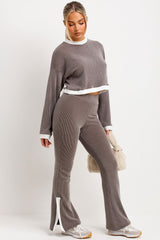 rib knit crop jumper and trousers loungewear set for womens