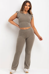 ribbed skinny flare trouser and frill shoulder top co ord set chocolate