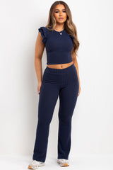 womens lounge set flare trouser and frill shoulder top co ord set