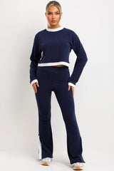 rib knit crop jumper and trousers loungewear set for womens