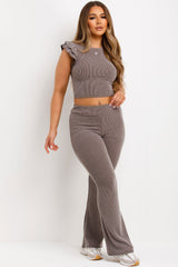 womens lounge set flare trouser and frill shoulder top co ord set