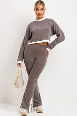 contrast hem side split rib knit trousers and crop jumper loungewear co ord set