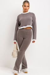 womens jumper and trousers rib knit loungewear set with stripe detail casual outfit