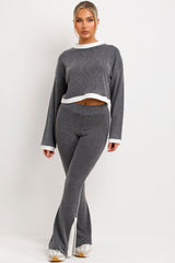 Jumper And Trousers Loungewear Set With Contrast Stripe Split Detail Grey