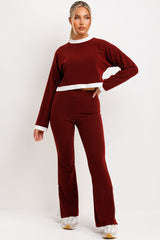 womens jumper and trousers rib knit loungewear set with stripe detail casual outfit