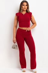 womens lounge set flare trouser and frill shoulder top co ord set