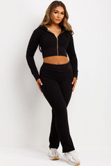 ribbed fold over waist flare yoga pants and crop zip up hoodie co ord airport outfit