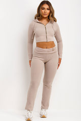 womens loungewear fold over waist buckle detail skinny flare ribbed trouser and crop zip up hoodie co ord tracksuit set