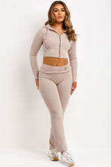 womens ribbed crop zip up hoodie and fold over flare trouser co ord set airport outfit