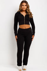 womens ribbed crop zip up hoodie and fold over flare trouser co ord set airport outfit