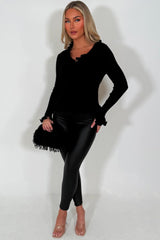 knitted long sleeve jumper top with ruffle frill neck and hem for womens 