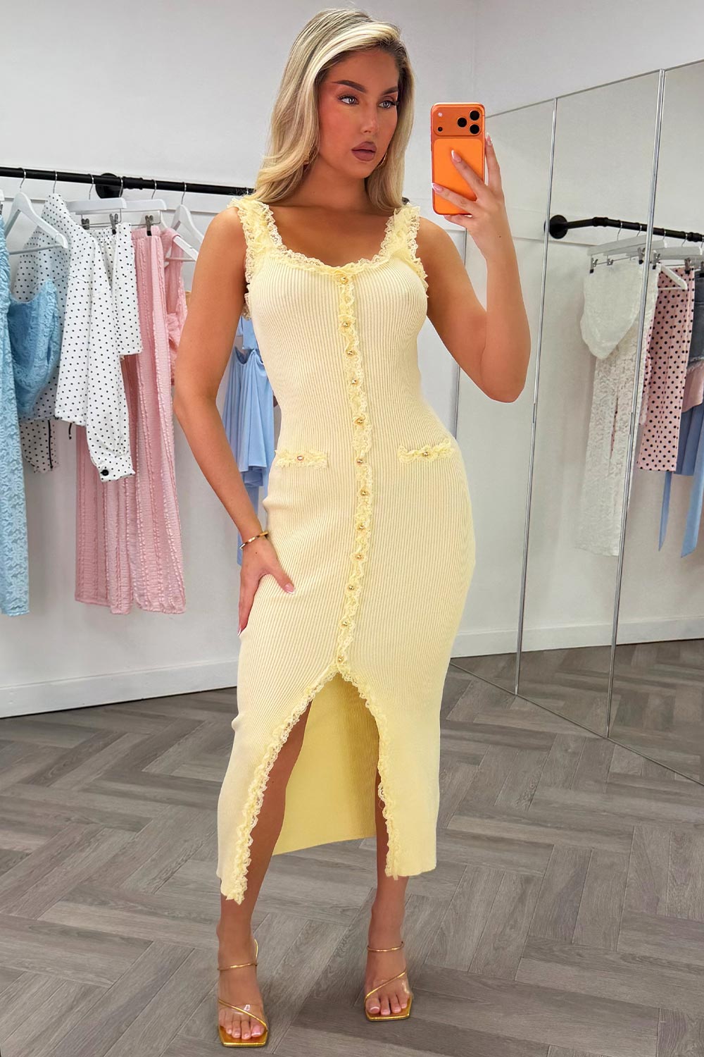 yellow lace trim midi dress summer occasion outfit styledup whitefox uk