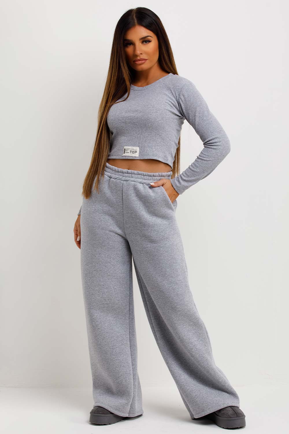 Women's Wide Leg Joggers And Ribbed Top Lounge Set Grey – Styledup