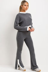 Jumper And Trousers Loungewear Set With Contrast Stripe Split Detail Grey