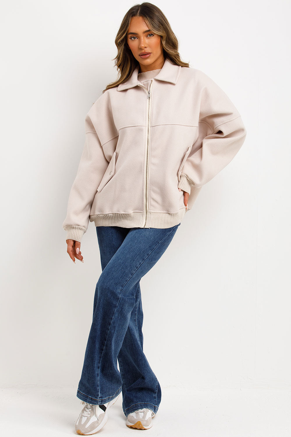 womens soft bomber jacket with lapel collar styledup