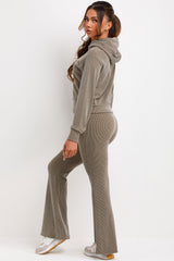 ribbed skinny flare trouser and crop hoodie tracksuit set womens loungewear