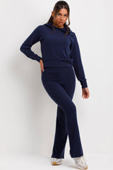 ribbed skinny flare trouser and crop hoodie tracksuit set womens loungewear