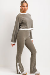 rib knit crop jumper and trousers loungewear set for womens