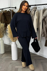 black knitted long sleeve top and wide leg trouser two piece co ord set for womens 