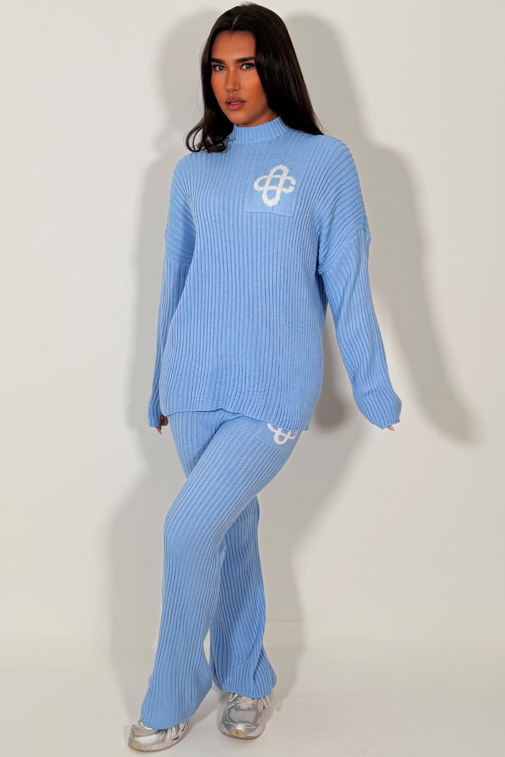 womens rib knitted sweatshirt jumper and knitted trouser lounge set couture club uk sale