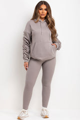 womens ruched sleeve hooded sweatshirt and leggings loungewear co ord