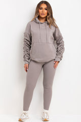 womens oversized hoodie with ruched gathered sleeves and leggings two piece matching loungewear set dove grey