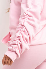 gathered ruched sleeve hooded sweatshirt and leggings loungewear set pink styledup