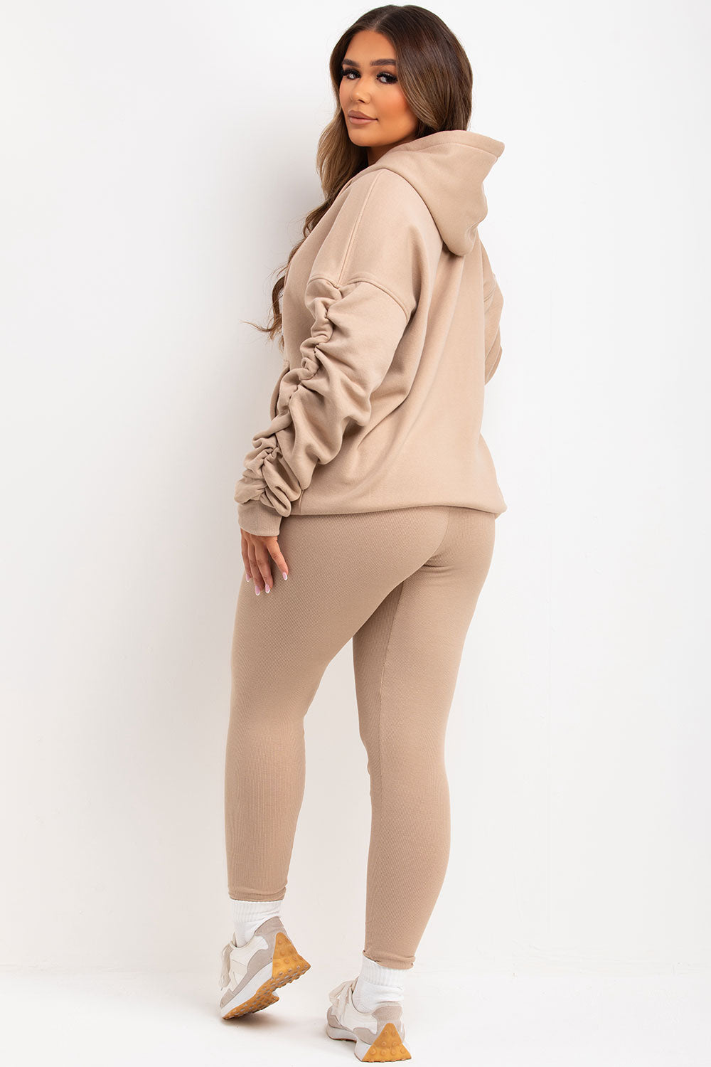 womens hooded sweatshirt with ruched sleeves and leggings loungewear set beige