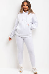 gathered ruched sleeve hooded sweatshirt and leggings loungewear set beige styledup