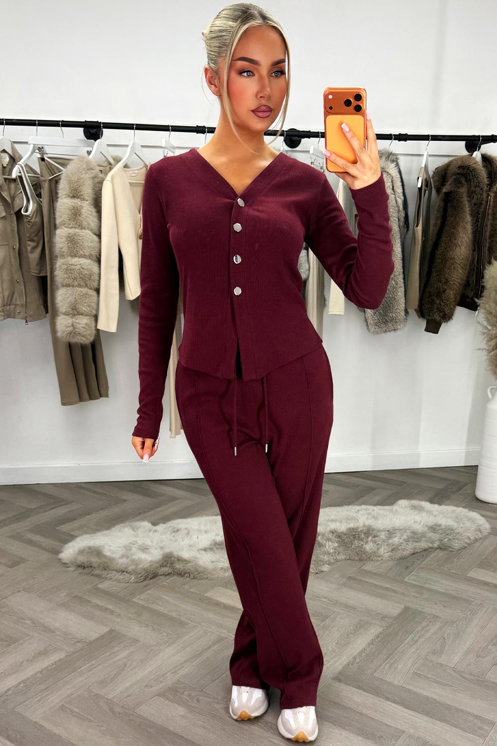 womens burgundy long sleeve top and wide leg trouser co ord two piece lounge set outfit styledup 