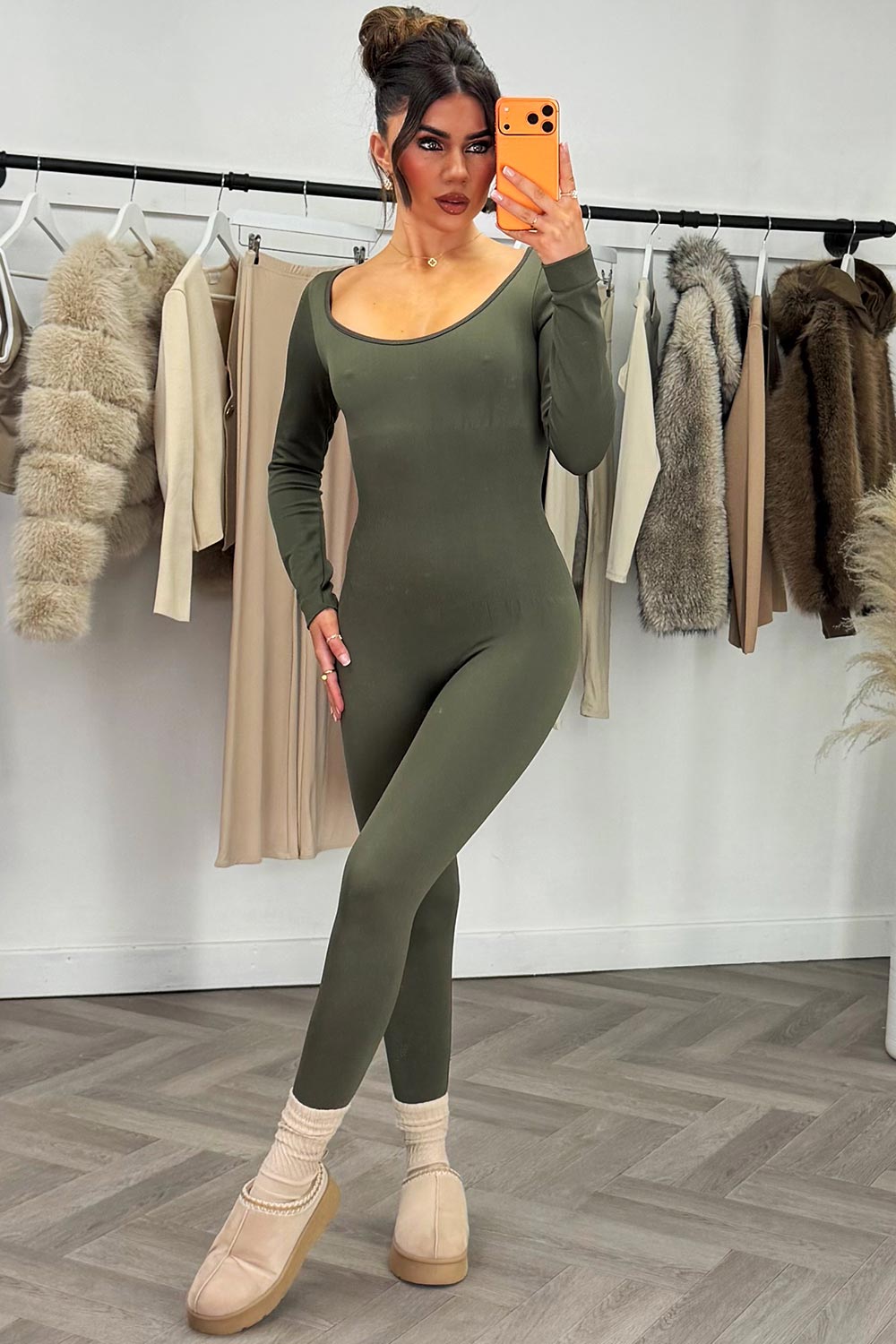 womens long sleeve jumpsuit with thumb holes sculpt bum lifting unitard black styled up 