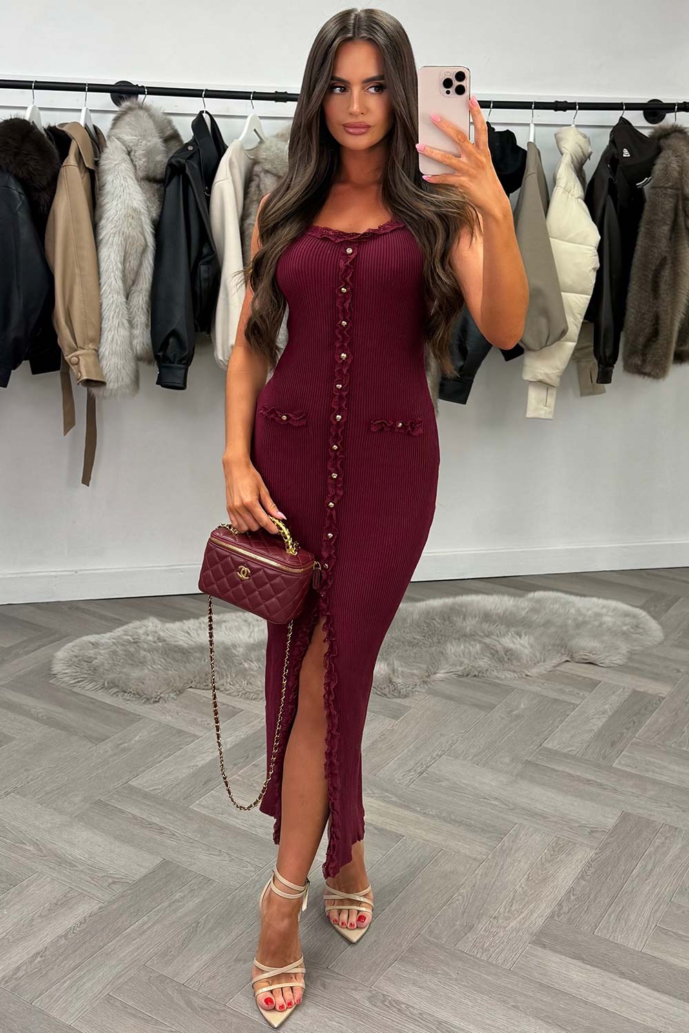 burgundy midi dress with lace trim going out summer occasion outfit for womens styledup whitefox uk 