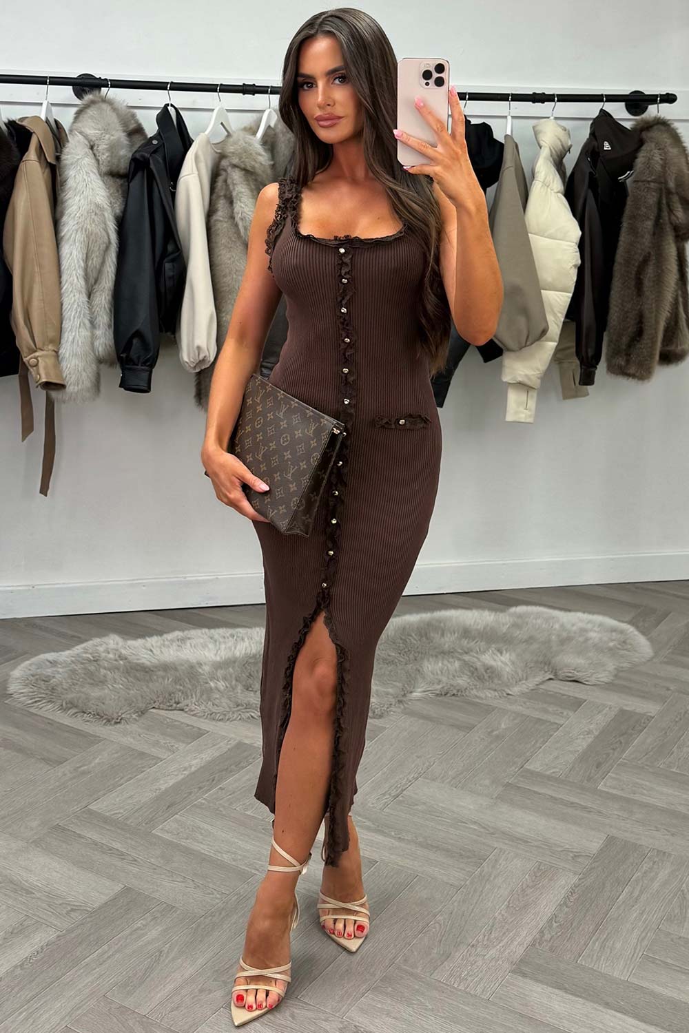 brown lace trim midi dress christmas party outfit styledup whitefox uk