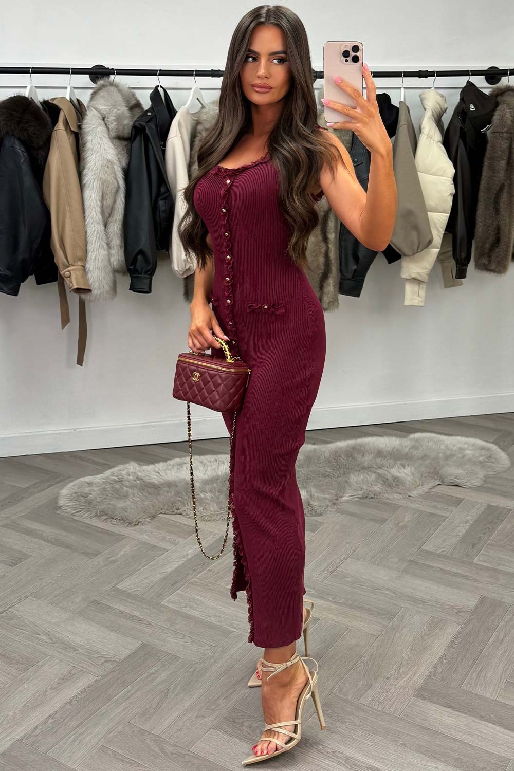 burgundy lace trim midi dress with gold buttons styledup fashion