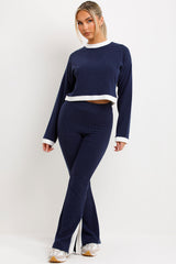 contrast hem side split rib knit trousers and crop jumper loungewear co ord set