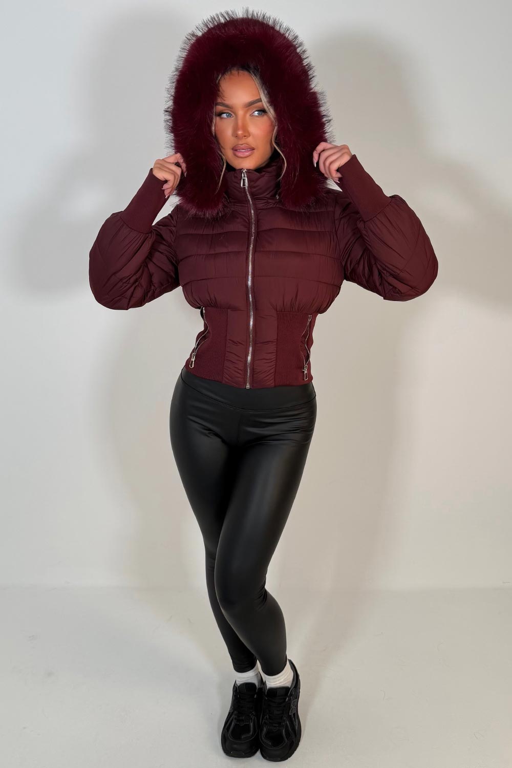faux fur hood padded puffer jacket with cinched waist womens winter ski outerwear styledup uk