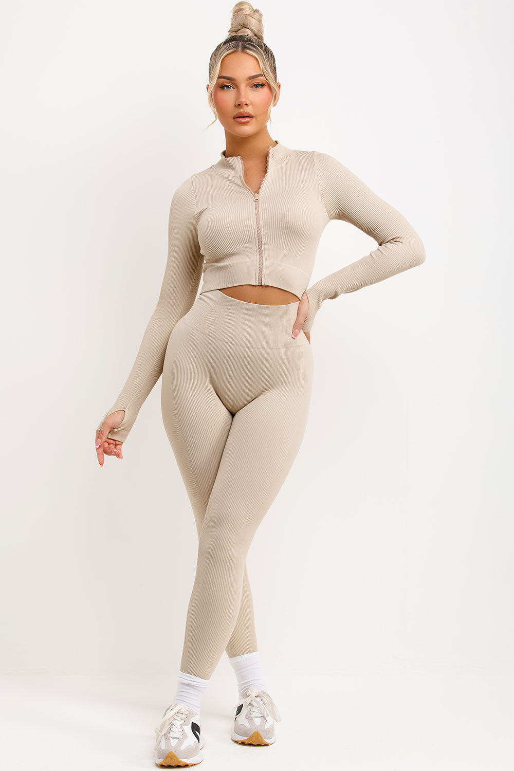 zip up ribbed long sleeve activewear jacket and ruched bum leggings two piece set
