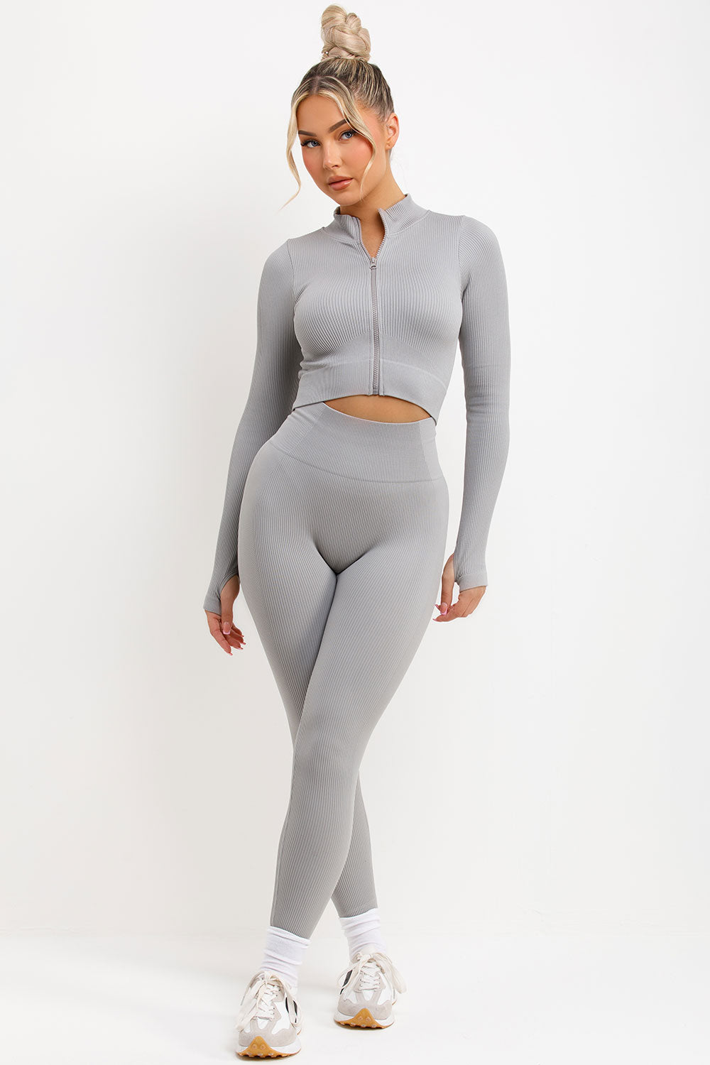 zip up long sleeve ribbed top and ruched bum leggings two piece set grey