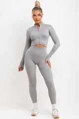 womens high waist ribbed ruched bum leggings and zip up long sleeve activewear jacket two piece set structured body contour