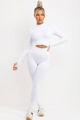 zip up ribbed long sleeve activewear jacket and ruched bum leggings two piece set