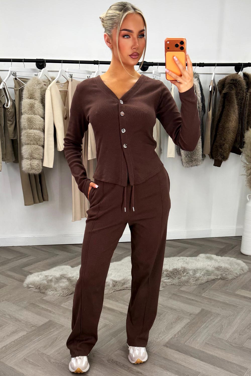 womens long sleeve top with buttons and wide leg trousers co ord set two piece outfit brown styledup 