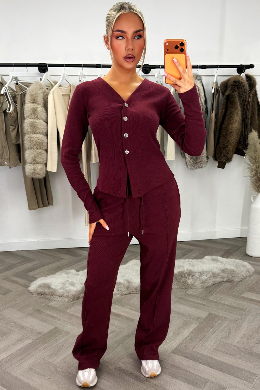 Women's Burgundy Long Sleeve Top And Trouser Co Ord With Buttons