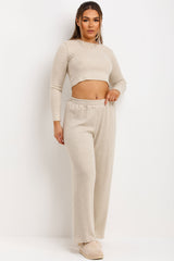 womens zara rib long sleeve top and wide leg trousers loungewear set