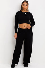 womens zara rib long sleeve top and wide leg trousers loungewear set 