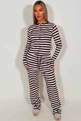 womens burgundy contrast striped long sleeve top and wide leg trouser lounge set co ord styledup 